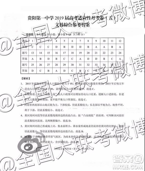 貴陽第一中學(xué)2019屆高考適應(yīng)性月考卷五文科綜合參考答案