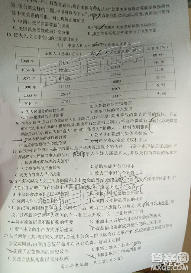 2019屆高三廈門期末質檢文綜試題及參考答案