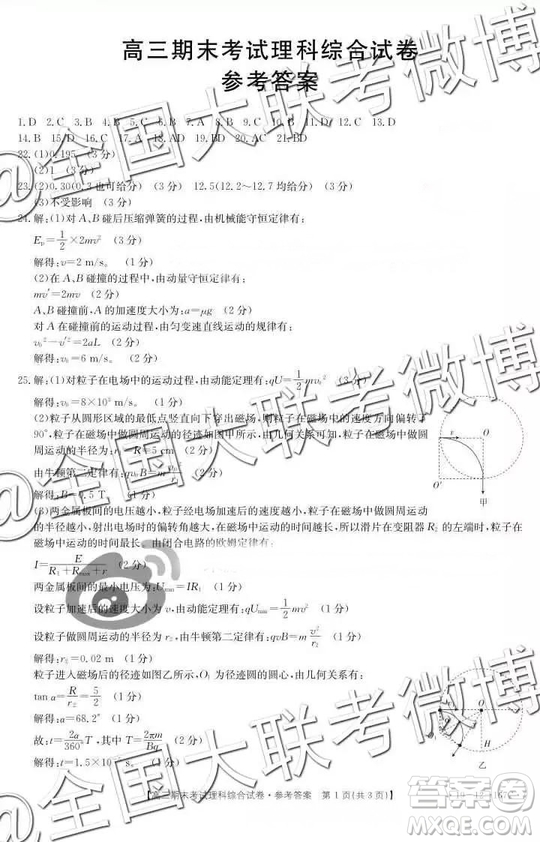 2019年1月貴州金太陽聯(lián)考理綜答案