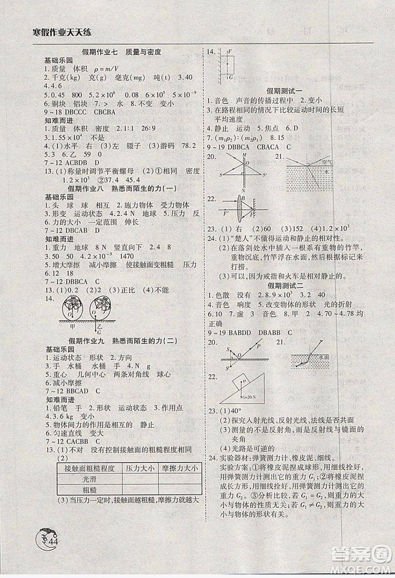 2019新版寒假作業(yè)天天練初中8八年級物理滬科版文心出版參考答案