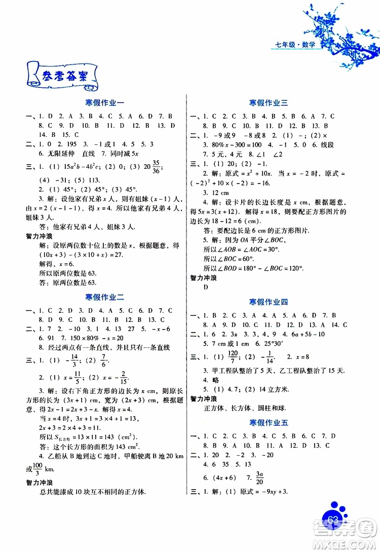 2019版寒假生活七年級數(shù)學(xué)通用版參考答案