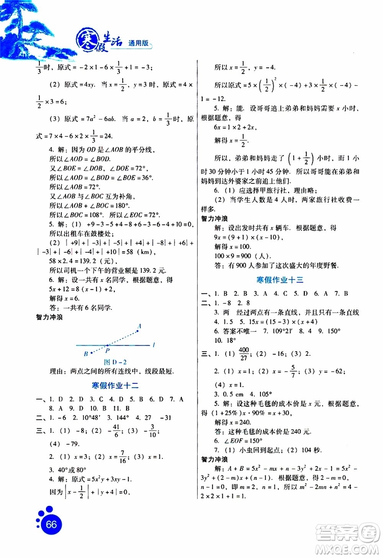2019版寒假生活七年級數(shù)學(xué)通用版參考答案