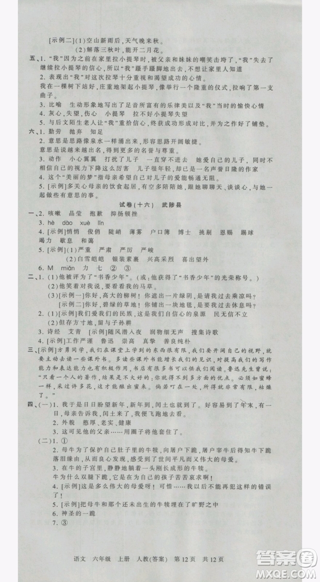 2018版河南專版王朝霞各地期末試卷精選六年級上冊語文人教版參考答案