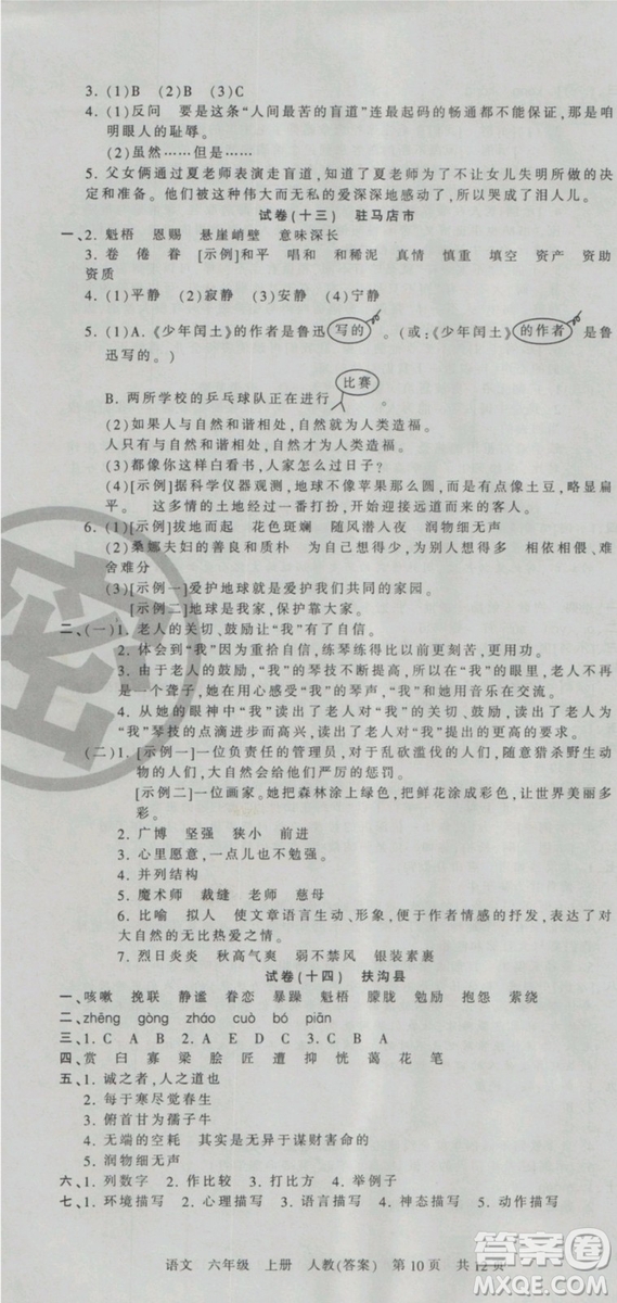 2018版河南專版王朝霞各地期末試卷精選六年級上冊語文人教版參考答案