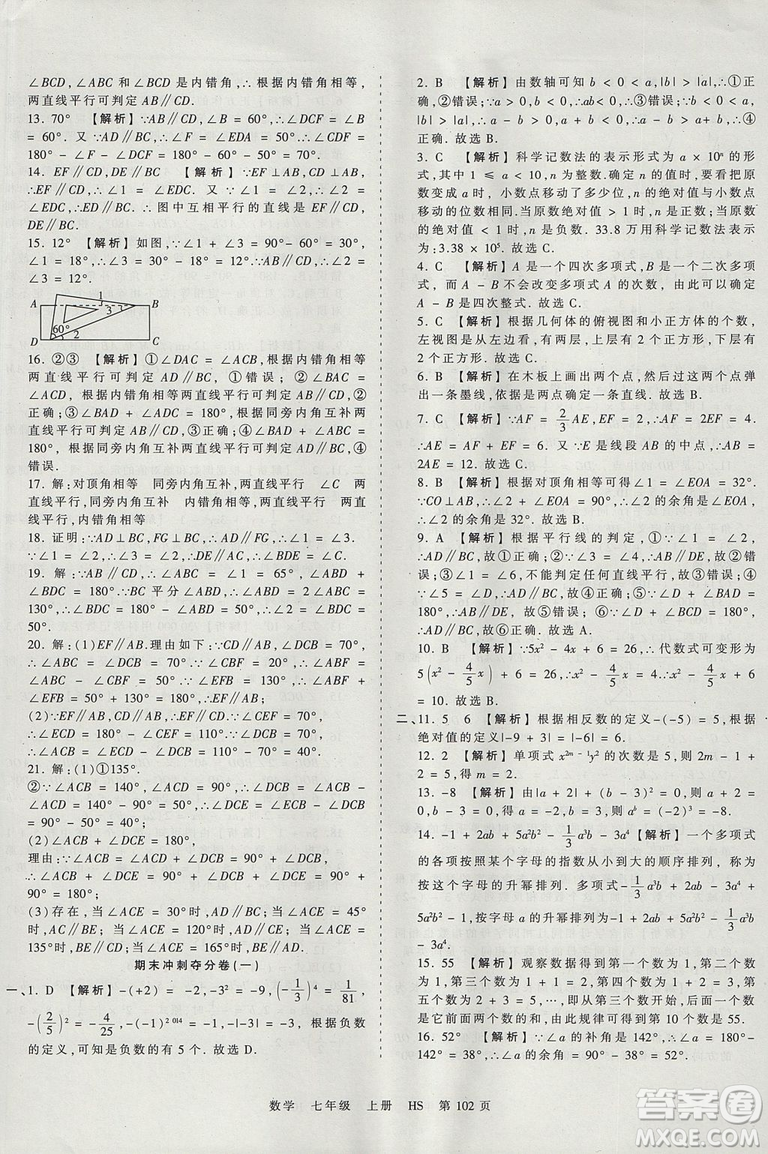 華師版HS2019版王朝霞考點梳理時習卷七年級上冊數(shù)學參考答案