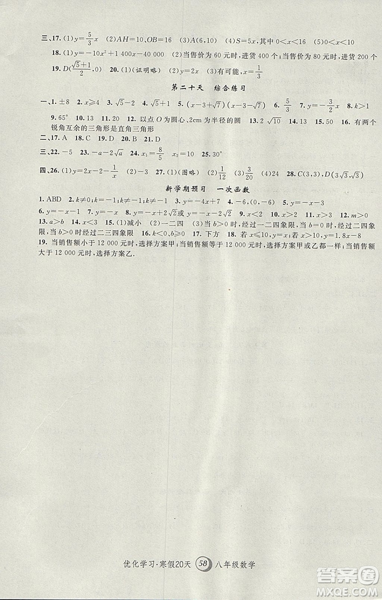 2019年優(yōu)化學(xué)習(xí)寒假20天數(shù)學(xué)八年級第8版滬教版答案