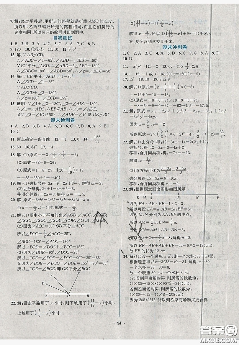 七彩假期期末大提升2019年寒假作業(yè)七年級數(shù)學(xué)答案