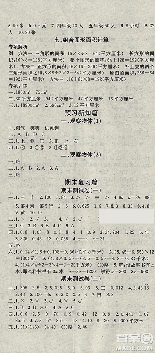 學(xué)習(xí)總動員2019春寒假總復(fù)習(xí)五年級數(shù)學(xué)人教版答案