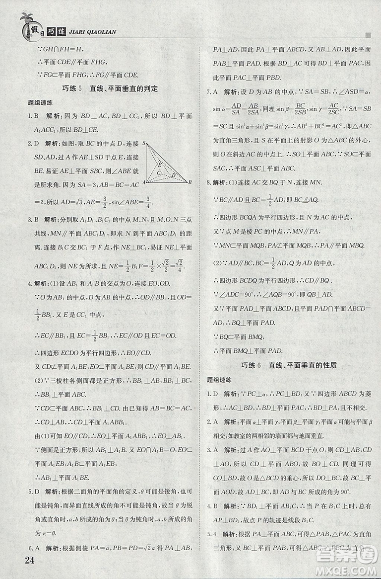 金太陽教育2019版假日巧練數(shù)學(xué)必修二高中二年級(jí)上冊(cè)寒假作業(yè)參考答案