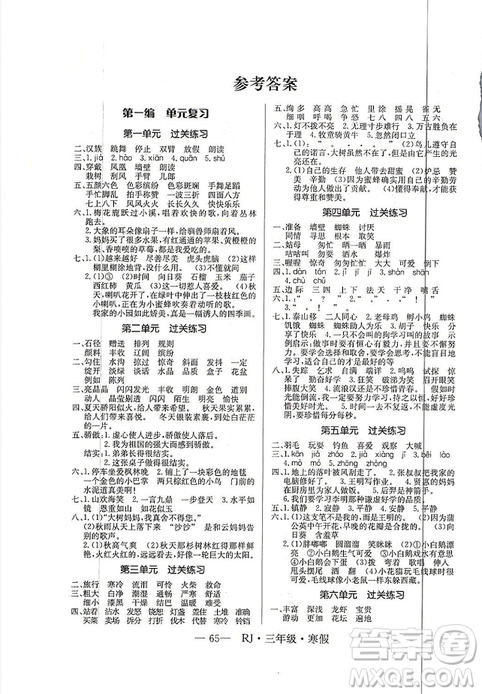 高效A計(jì)劃寒假總動(dòng)員2019年期末寒假銜接三年級(jí)語(yǔ)文人教通用版答案