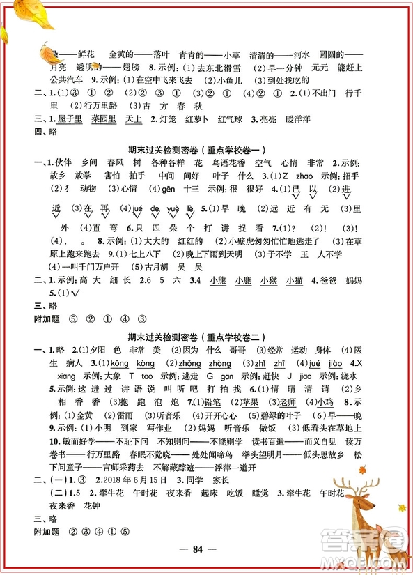 陽光同學(xué)2019新版一線名師全優(yōu)好卷一年級(jí)下冊(cè)語文試卷人教部編版RJ參考答案