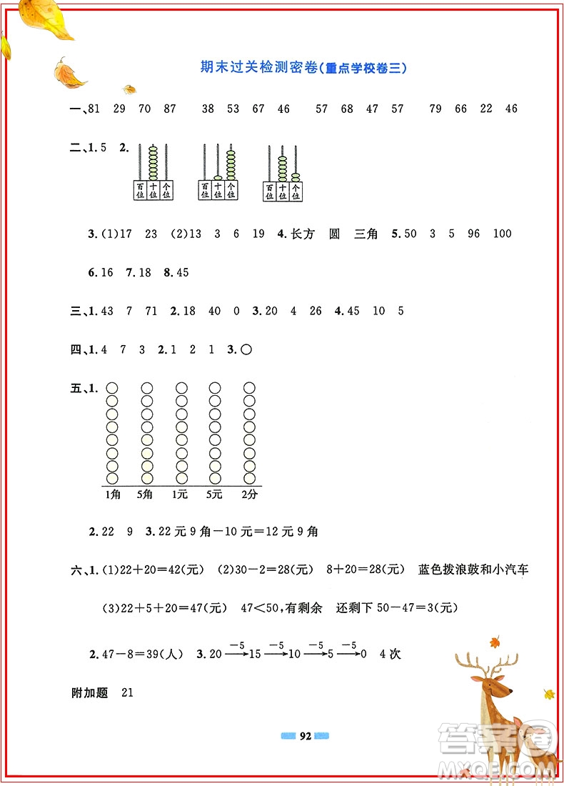 陽光同學(xué)2019新版一線名師全優(yōu)好卷一年級(jí)下冊數(shù)學(xué)試卷人教部編版RJ參考答案