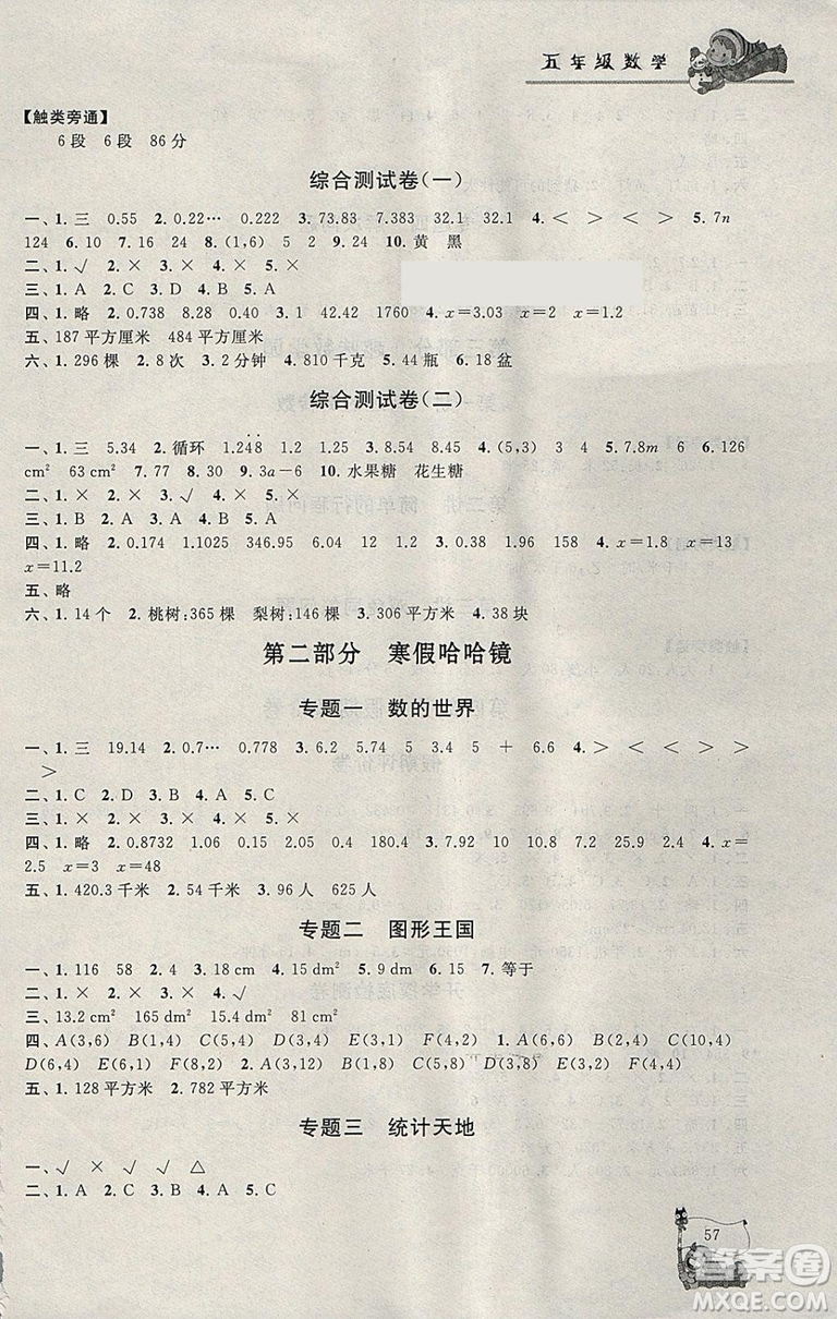 2019小學(xué)版寒假大串聯(lián)五年級數(shù)學(xué)人民教育教材適用全新修訂參考答案