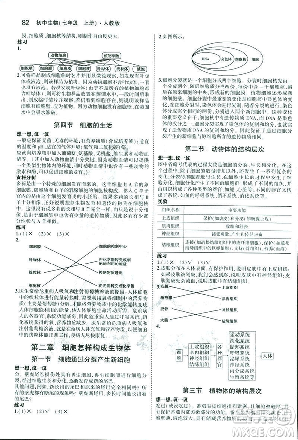 2019新版5年中考3年模擬七年級(jí)上冊(cè)生物人教版RJ參考答案