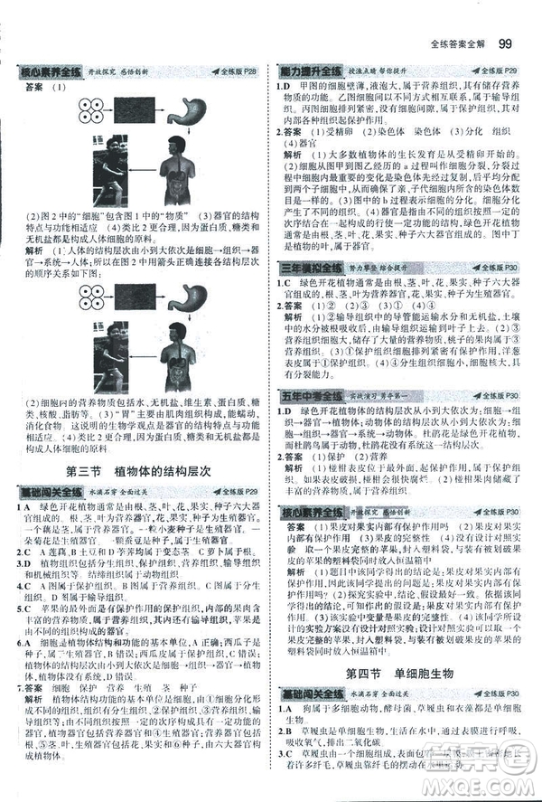2019新版5年中考3年模擬七年級(jí)上冊(cè)生物人教版RJ參考答案