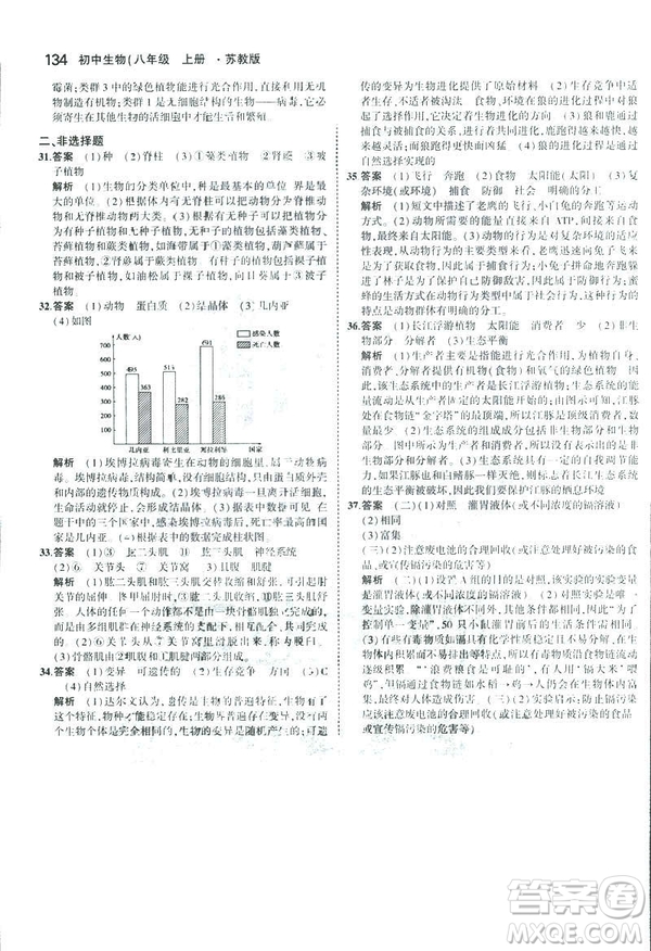 2019版初中同步5年中考3年模擬八年級上冊生物蘇教版SJ參考答案