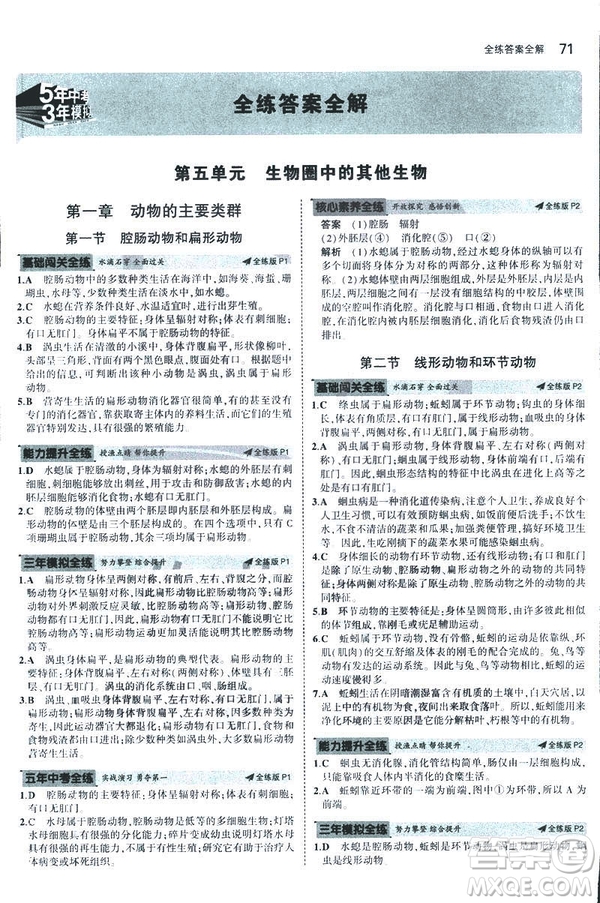 2019版5年中考3年模擬生物八年級(jí)上冊(cè)人教版RJ參考答案