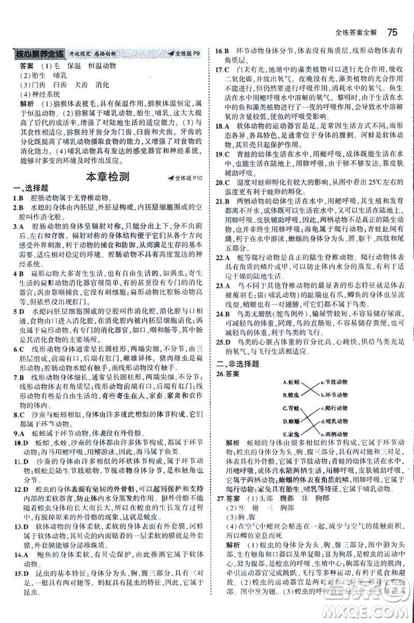 2019版5年中考3年模擬生物八年級(jí)上冊(cè)人教版RJ參考答案