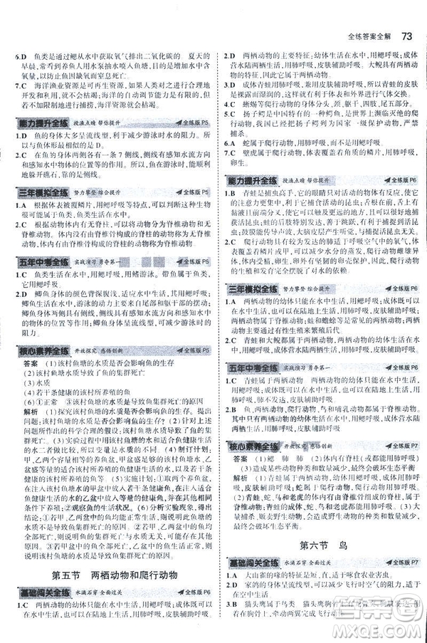 2019版5年中考3年模擬生物八年級(jí)上冊(cè)人教版RJ參考答案