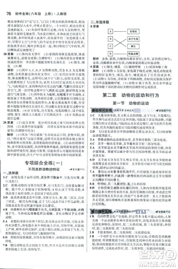 2019版5年中考3年模擬生物八年級(jí)上冊(cè)人教版RJ參考答案