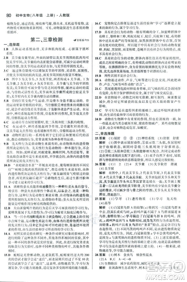 2019版5年中考3年模擬生物八年級(jí)上冊(cè)人教版RJ參考答案
