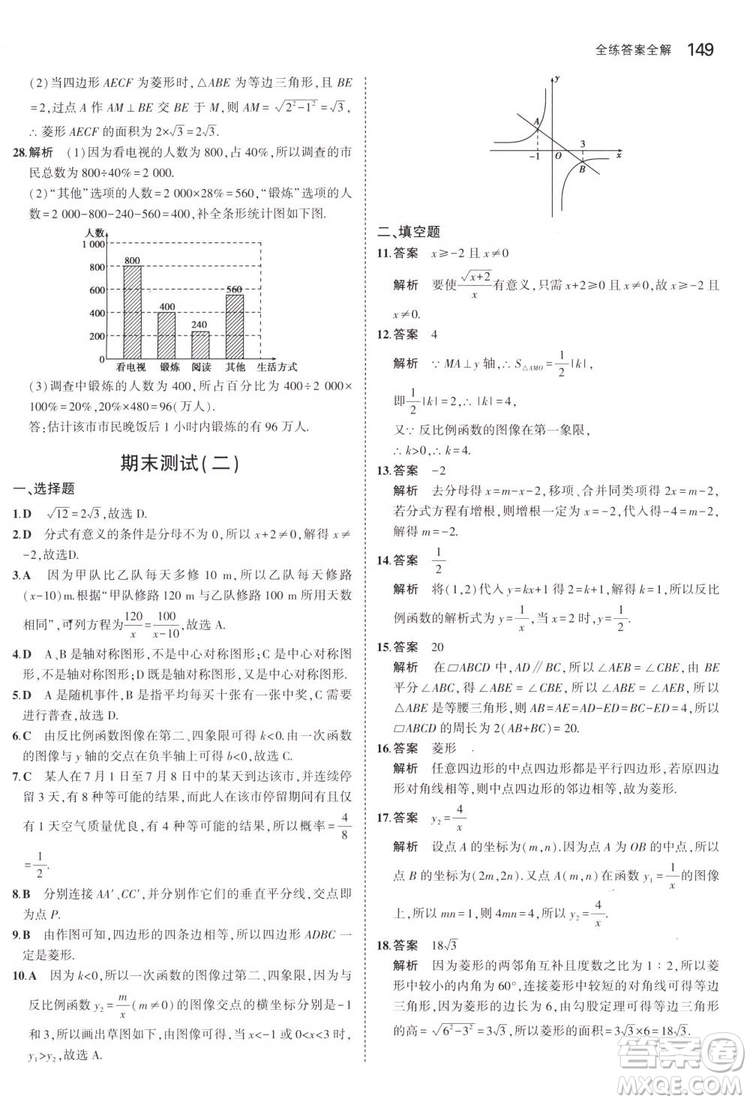 曲一線科學備考2019版5年中考3年模擬八年級數(shù)學下冊蘇科版參考答案