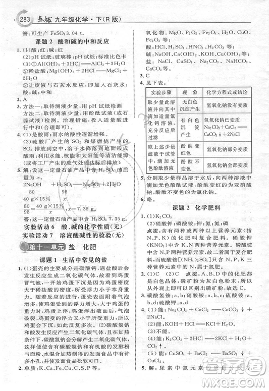 2019年初中九年級(jí)下冊(cè)化學(xué)書人教版課本教材教科書參考答案