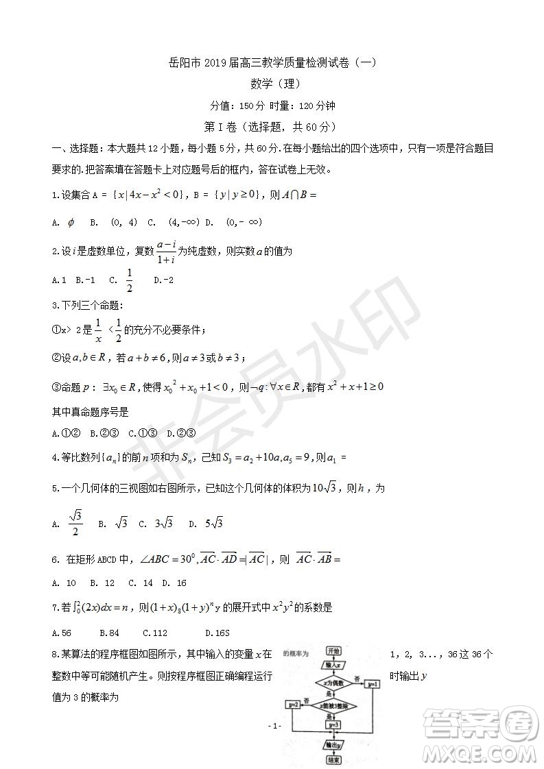 湖南省岳陽市2019屆高三教學(xué)質(zhì)量檢測一理科數(shù)學(xué)試題及答案