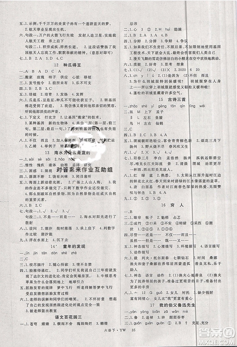 優(yōu)翼叢書(shū)2019版學(xué)練優(yōu)小學(xué)語(yǔ)文六年級(jí)下冊(cè)YW語(yǔ)文版參考答案