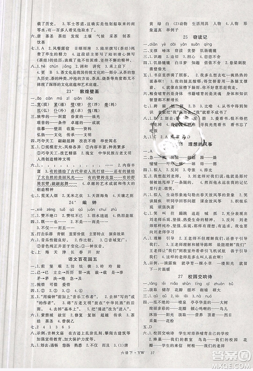 優(yōu)翼叢書(shū)2019版學(xué)練優(yōu)小學(xué)語(yǔ)文六年級(jí)下冊(cè)YW語(yǔ)文版參考答案