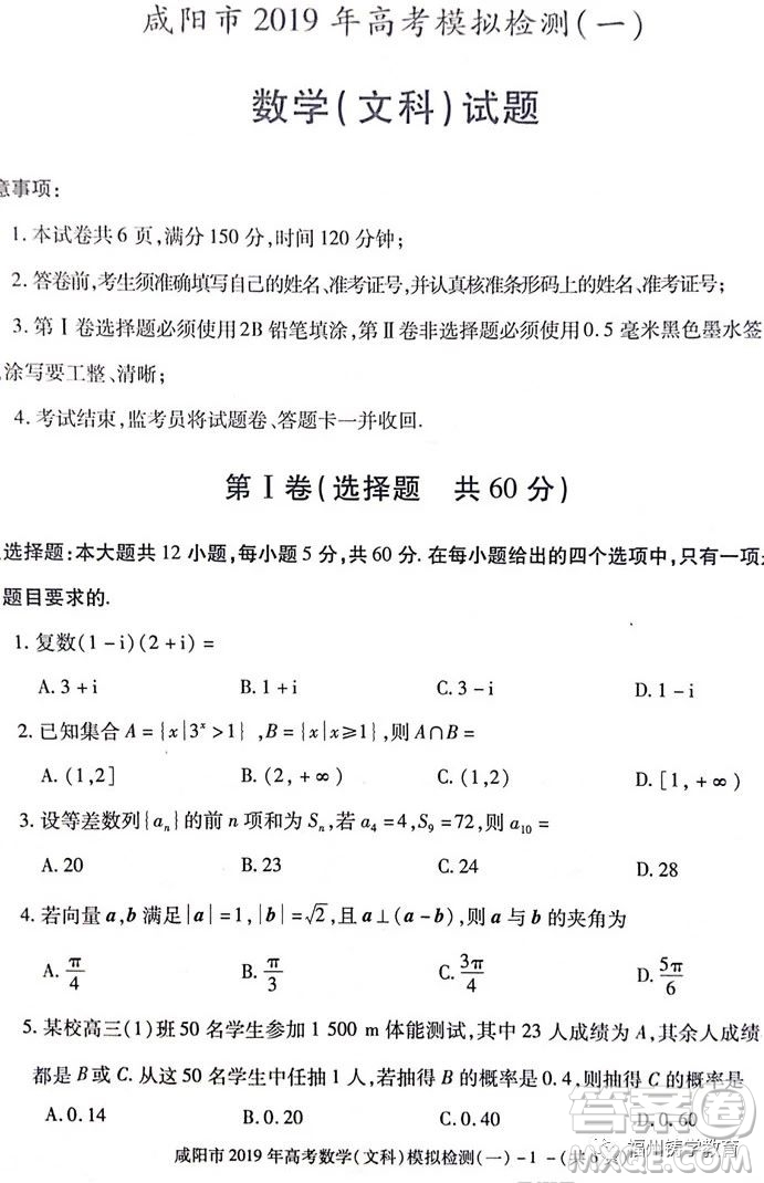 陜西省咸陽(yáng)市2019屆高三一模文科數(shù)學(xué)試卷及答案