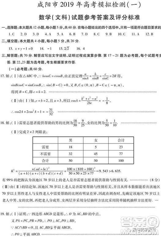 陜西省咸陽(yáng)市2019屆高三一模文科數(shù)學(xué)試卷及答案
