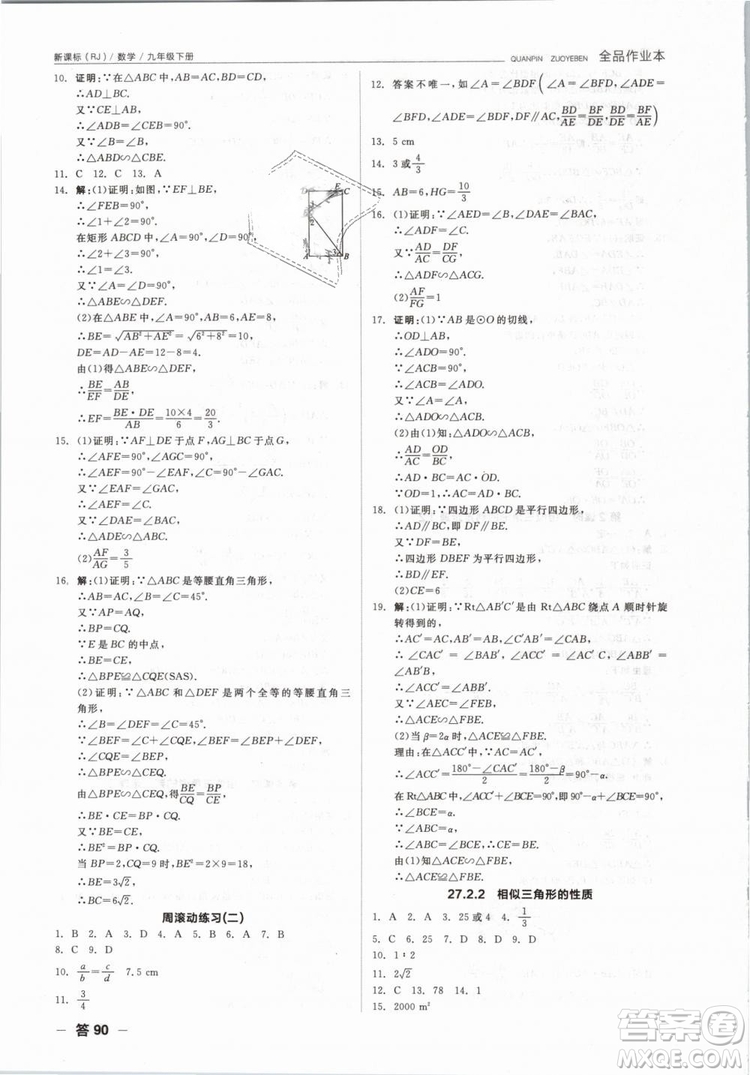 新課標(biāo)2019全品作業(yè)本九年級數(shù)學(xué)下冊新課標(biāo)RJ人教答案