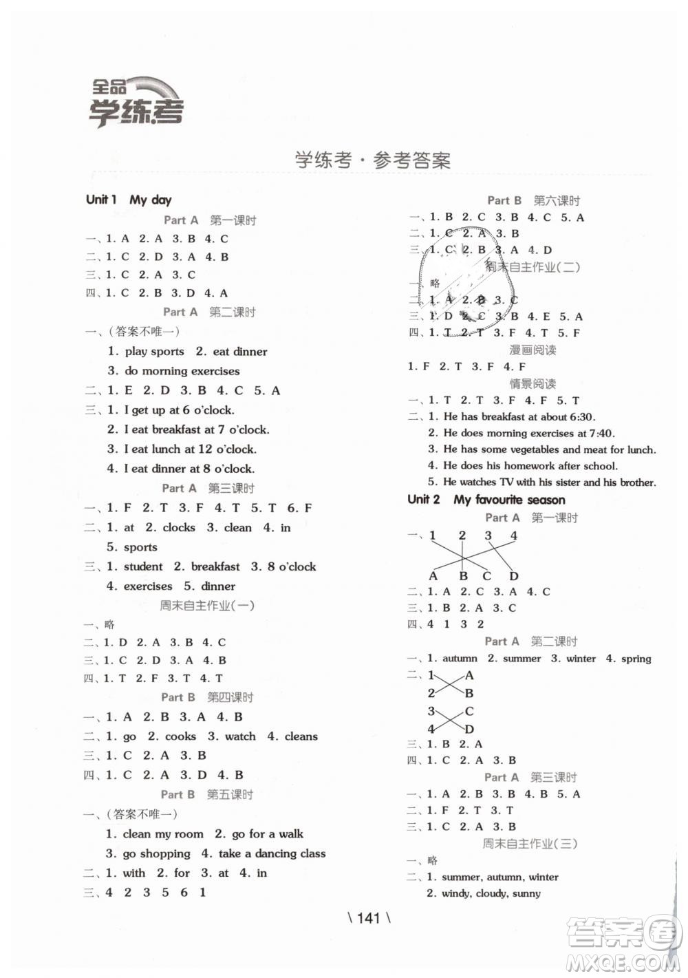 2019版全品學(xué)練考五年級(jí)下冊(cè)英語RJPEP人教版參考答案