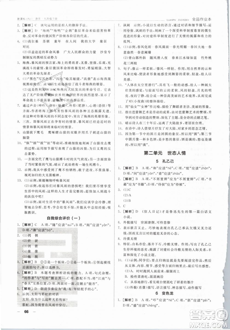陽光出版社2019人教版全品作業(yè)本九年級語文下冊新課標RJ參考答案