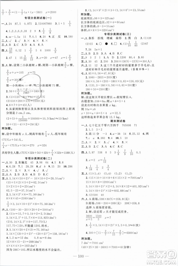 人教地區(qū)使用2019年原創(chuàng)新課堂數(shù)學(xué)下冊(cè)六年級(jí)RJ年級(jí)參考答案