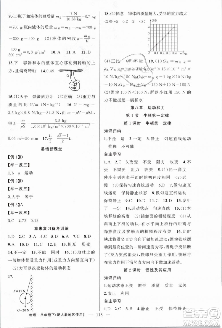 人教地區(qū)使用2019年原創(chuàng)新課堂物理下冊八年級參考答案