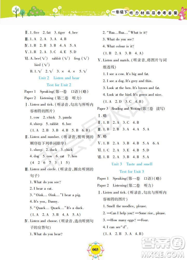 2019年新編同步學一年級下冊英語N版牛津版參考答案