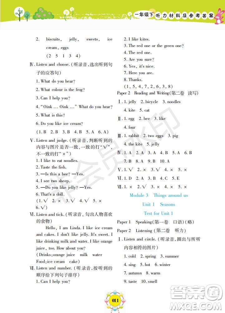 2019年新編同步學一年級下冊英語N版牛津版參考答案