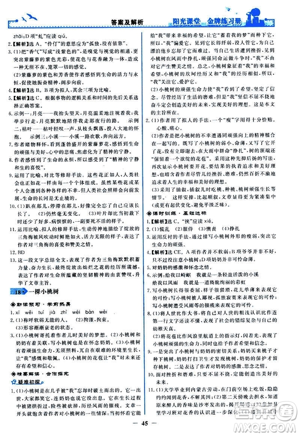 人教版2019版陽光課堂金牌練習冊七年級下冊語文參考答案