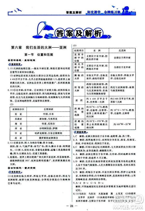 2019陽光課堂金牌練習(xí)冊地理七年級下冊人教版參考答案