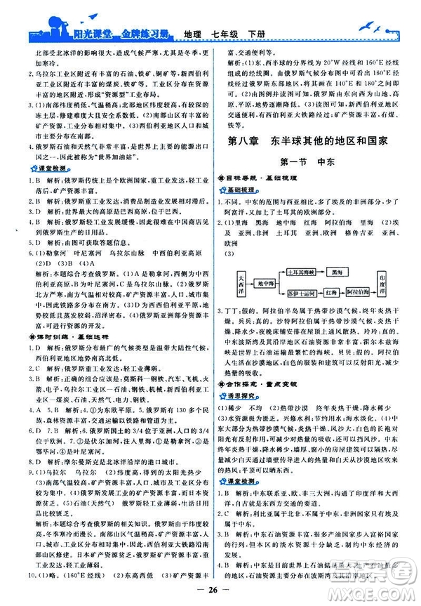 2019陽光課堂金牌練習(xí)冊地理七年級下冊人教版參考答案