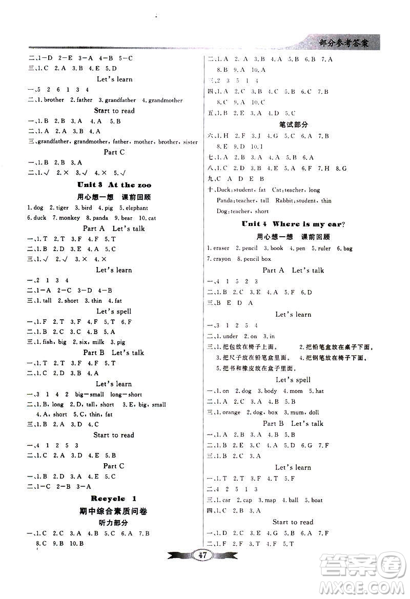 百年學(xué)典2019春同步導(dǎo)學(xué)與優(yōu)化訓(xùn)練英語三年級(jí)下冊人教版PEP答案