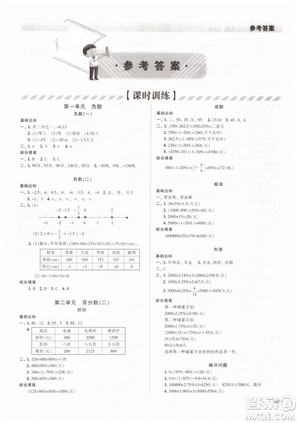 2019春人教版學(xué)習(xí)質(zhì)量監(jiān)測六年級(jí)數(shù)學(xué)下冊(cè)參考答案