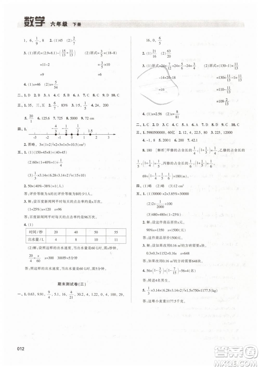 2019春人教版學(xué)習(xí)質(zhì)量監(jiān)測六年級(jí)數(shù)學(xué)下冊(cè)參考答案