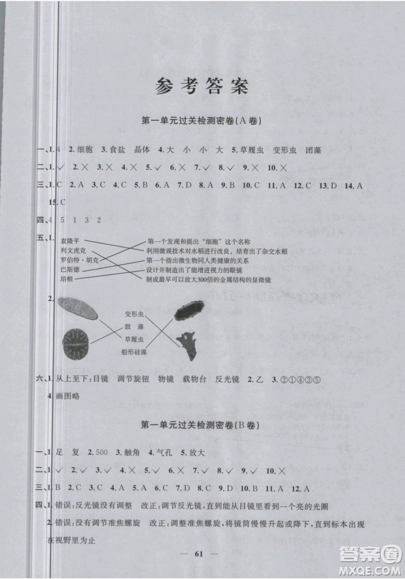 2019新版陽光同學(xué)六年級下冊試卷科學(xué)一線名師全優(yōu)好卷JK教科版參考答案