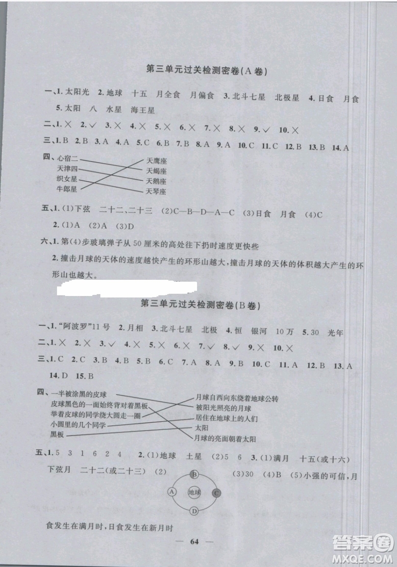 2019新版陽光同學(xué)六年級下冊試卷科學(xué)一線名師全優(yōu)好卷JK教科版參考答案