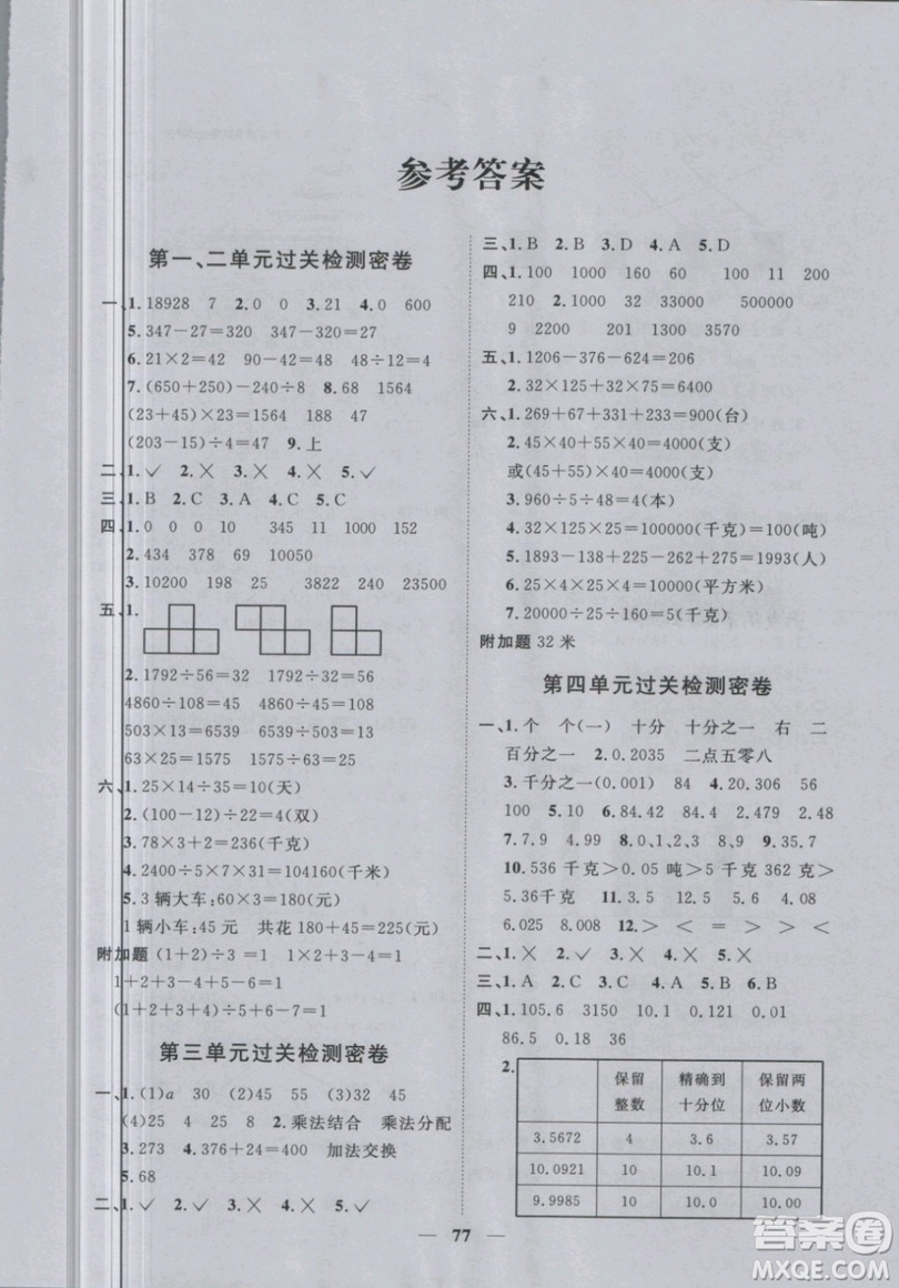 2019新版陽光同學四年級下冊試卷數(shù)學一線名師全優(yōu)好卷RJ人教版參考答案