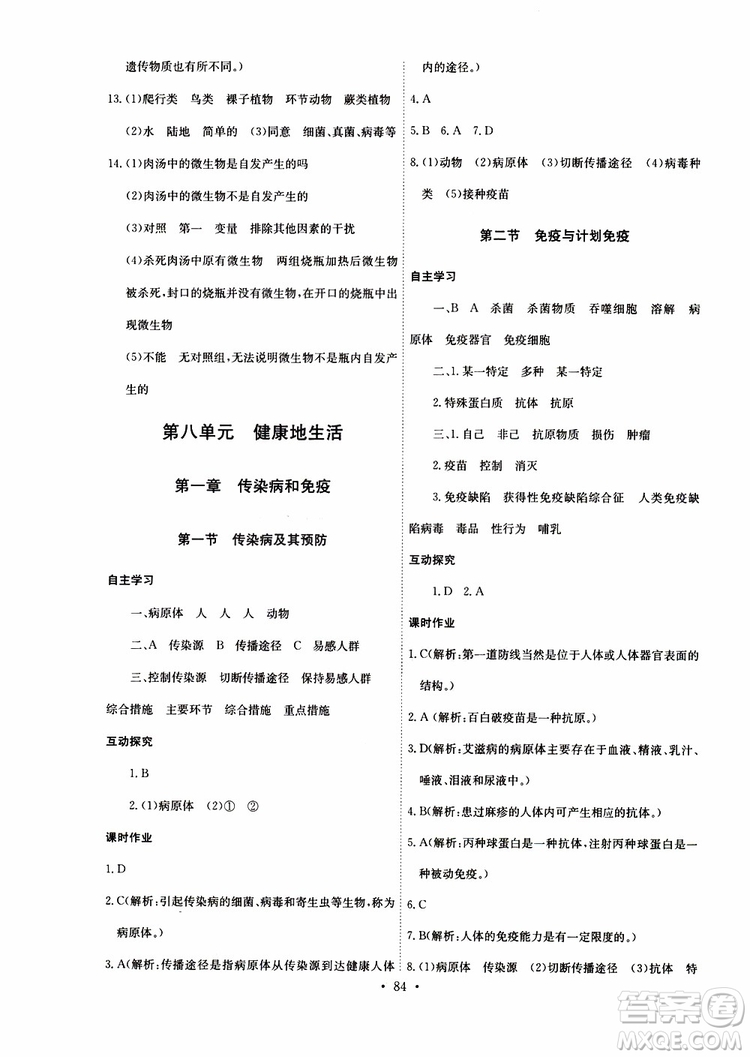 2019版長(zhǎng)江全能學(xué)案同步練習(xí)冊(cè)八年級(jí)下冊(cè)生物學(xué)人教版參考答案