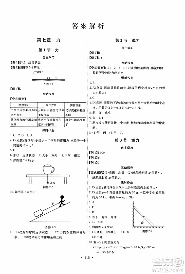 2019年長(zhǎng)江全能學(xué)案同步練習(xí)冊(cè)八年級(jí)下冊(cè)物理人教版參考答案